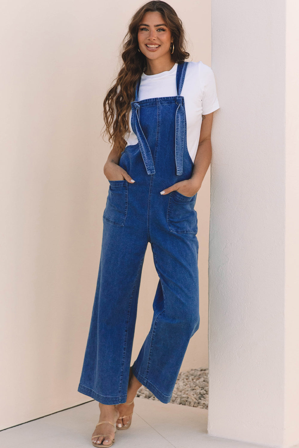 Dark Blue Mineral Wash Wide Leg Denim Overalls
