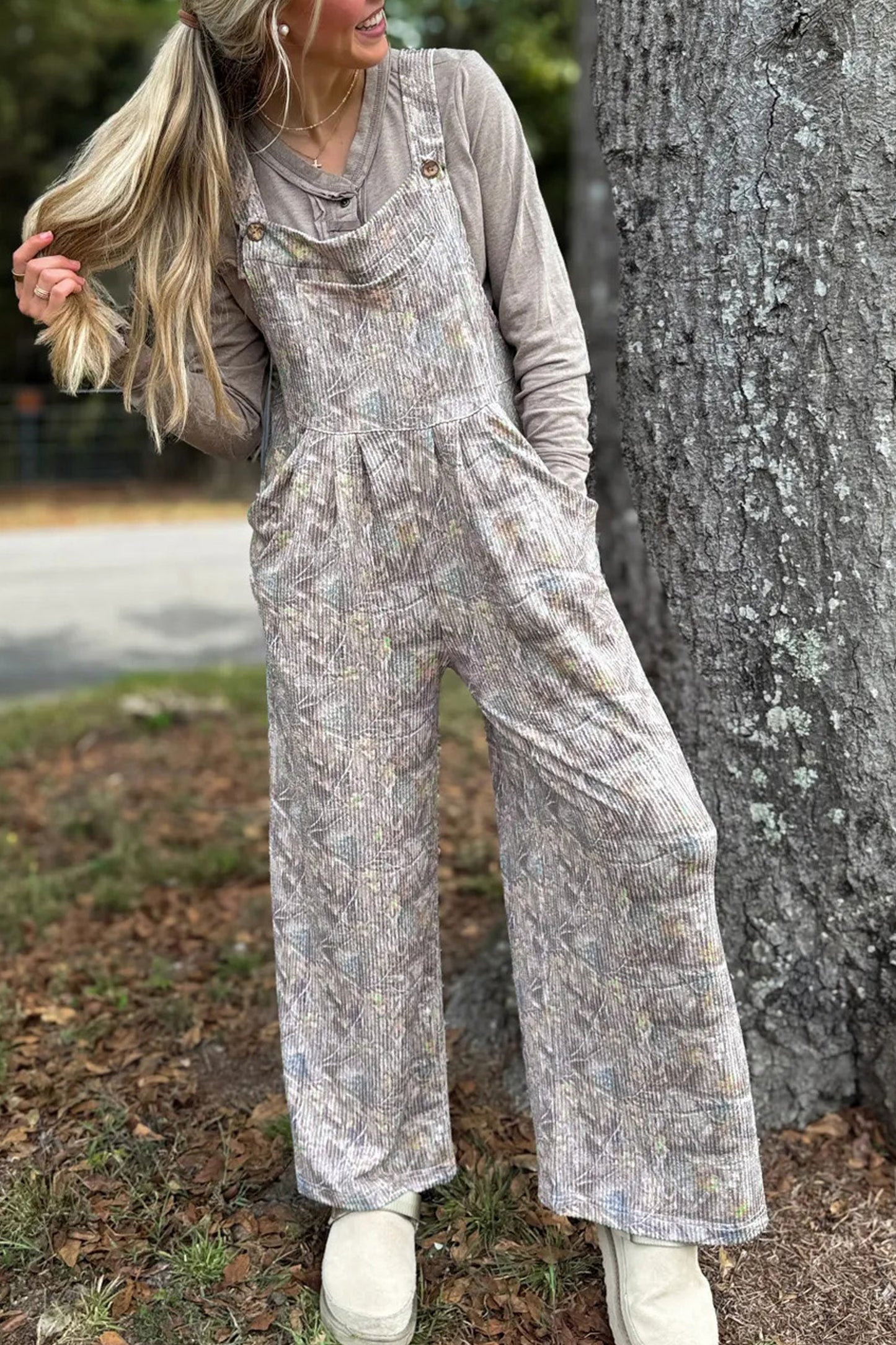 Womens Camo Ribbed Wide Leg Jumpsuit S to XL