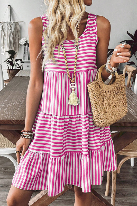 Pink Stripe U-Neck Sleeveless Mini Dress