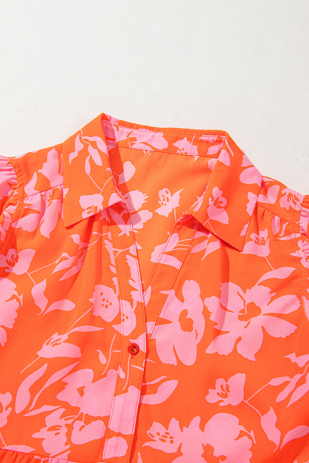 Orange Floral Print Collared Button Neckline Flutter Sleeve Blouse – Women's Romantic Casual Top (S–XL)