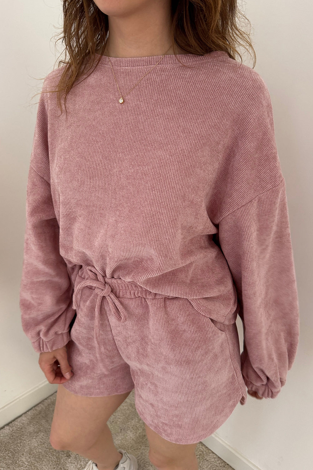 Textured Knit Drop Shoulder Pullover & Drawstring Shorts Set