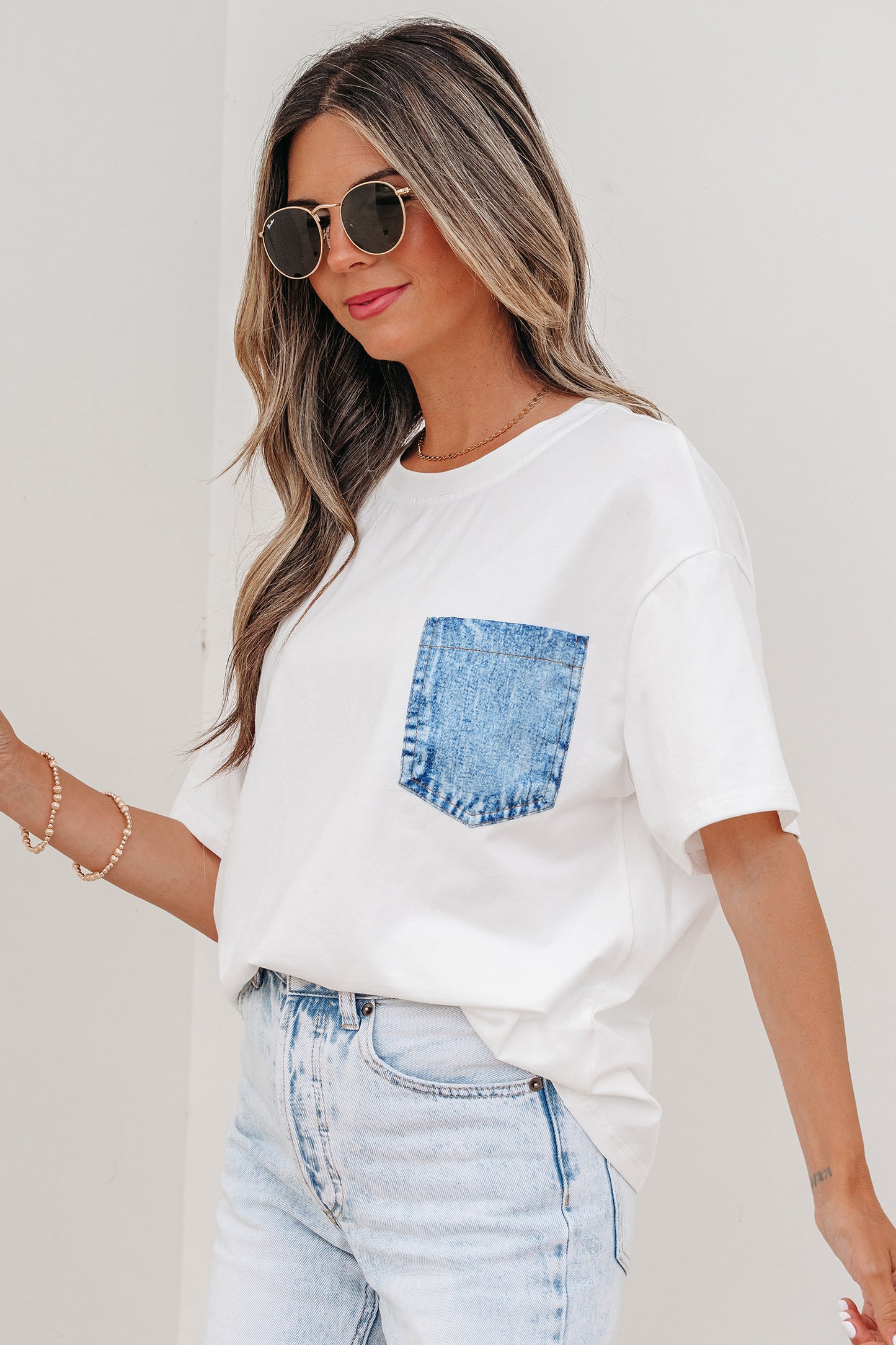 Color Block Short-Sleeve Top with Printed Patch Pocket | Sail Blue & White