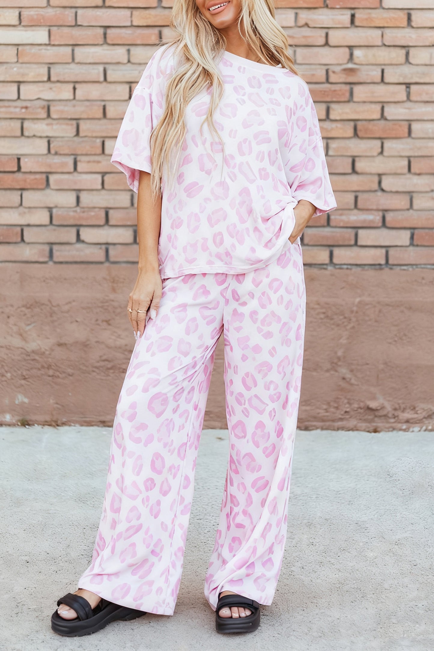 Pink Leopard Print Short Sleeve Top & Pants Two-Piece Set | S–XL