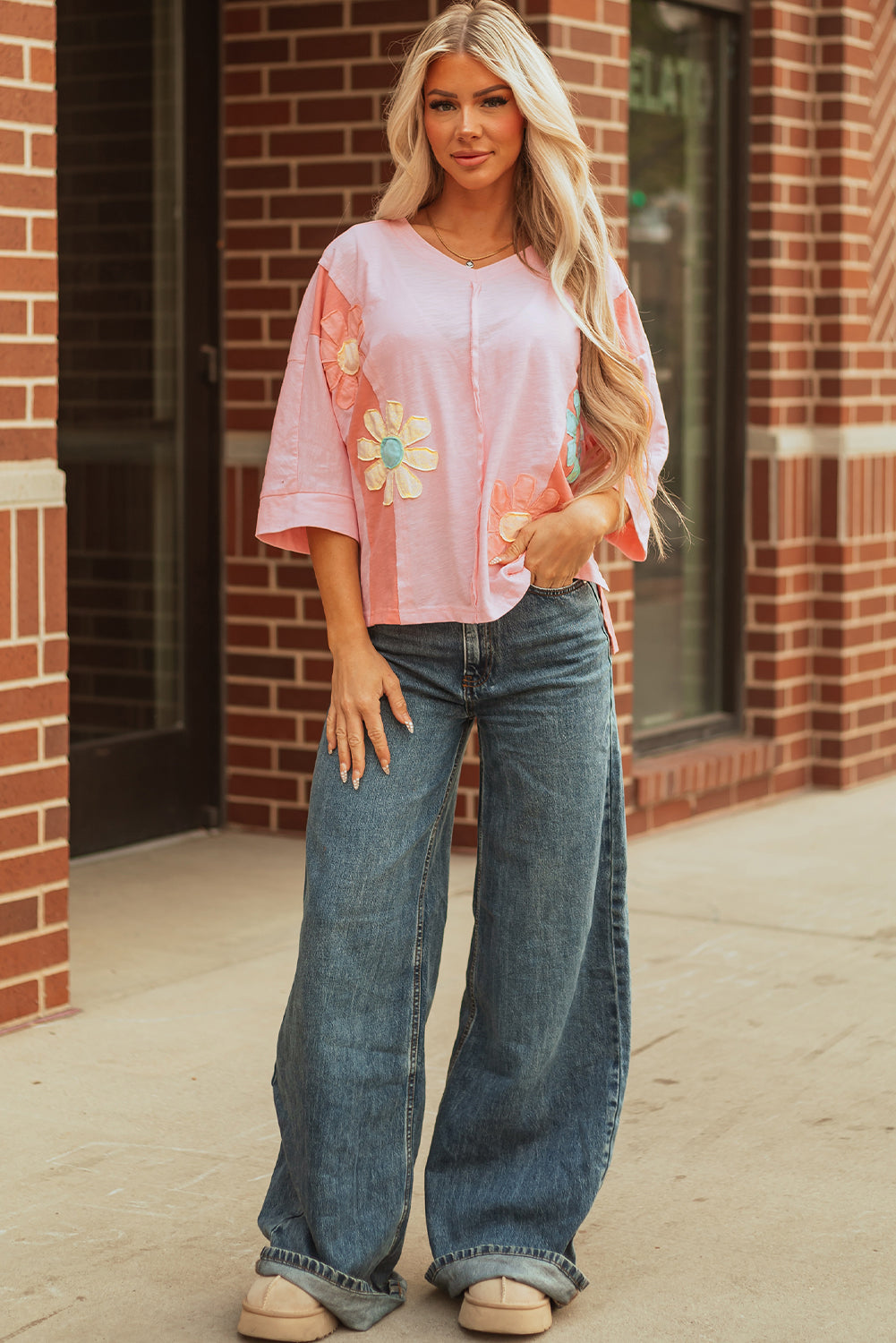 Flower Patched Exposed Seam Bracelet Sleeve Oversized T-Shirt