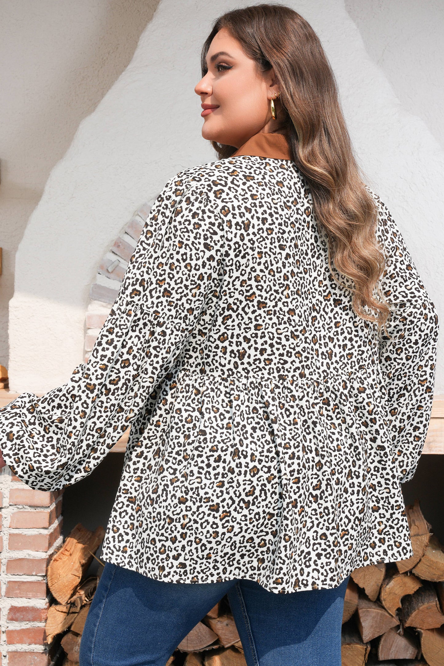Womens Plus Size Leopard Print Puff Sleeve Blouse 1X–4X