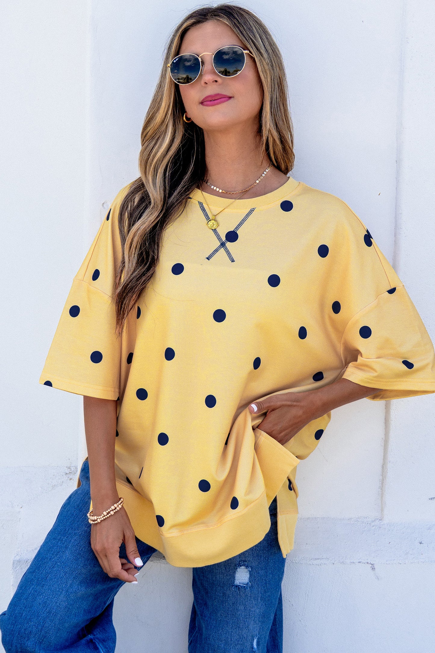 Womens Yellow Polka Dot Oversized Shirt S to XL