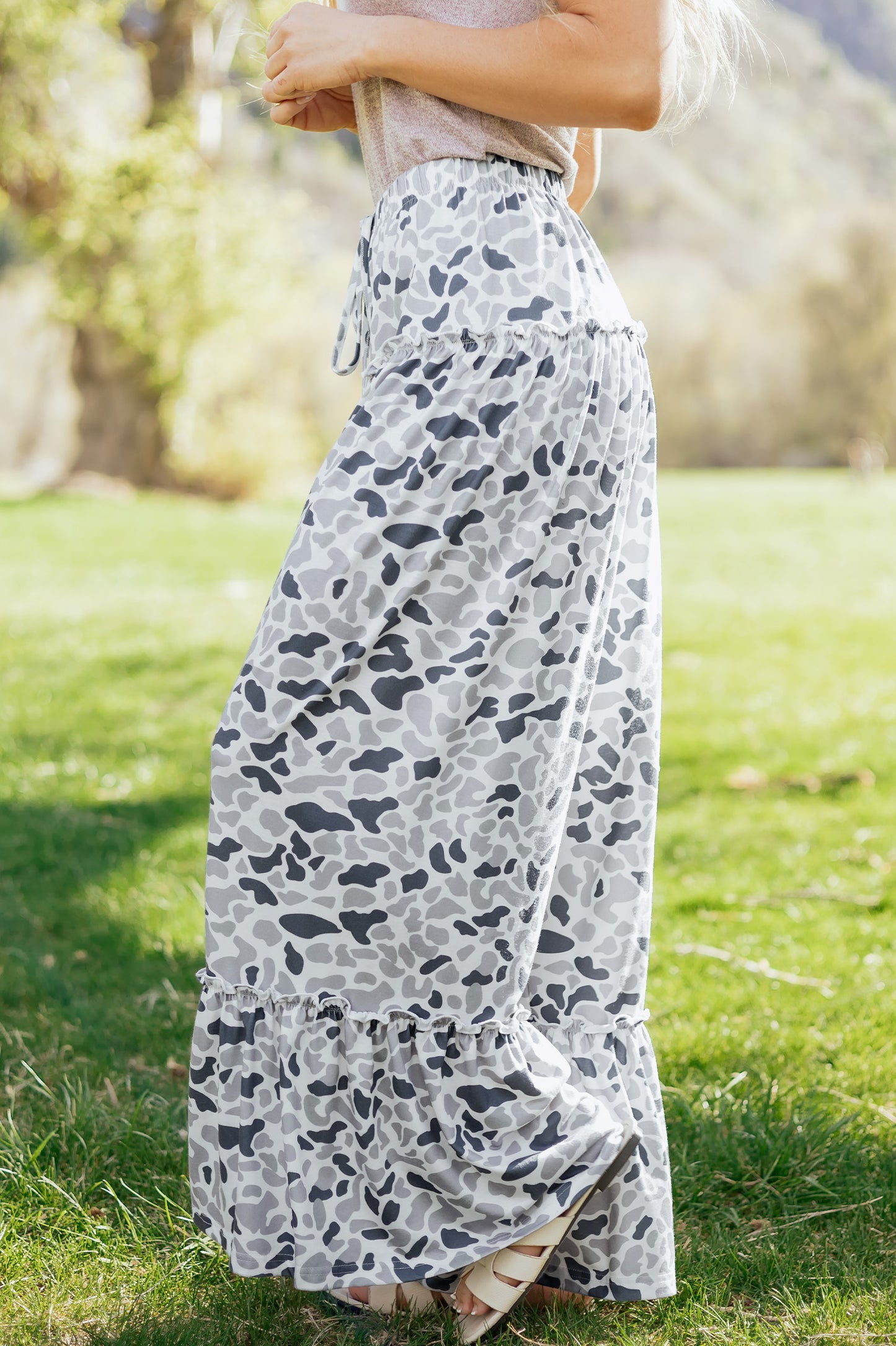 Beige Camo Print Elastic Waist Wide Leg Pants | S–XL