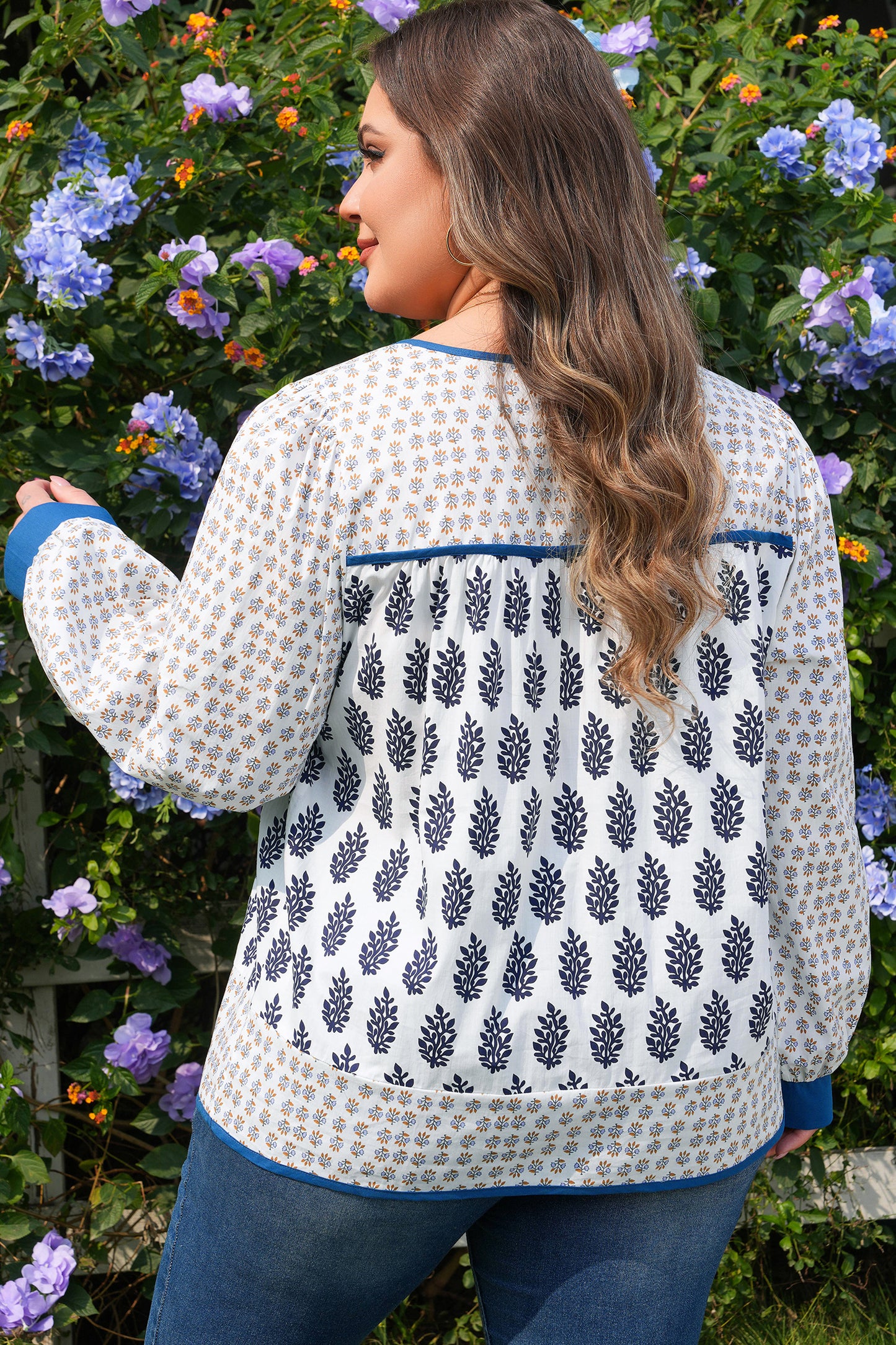 Plus Size White Blue Boho Floral Patchwork Blouse Women 1X–4X