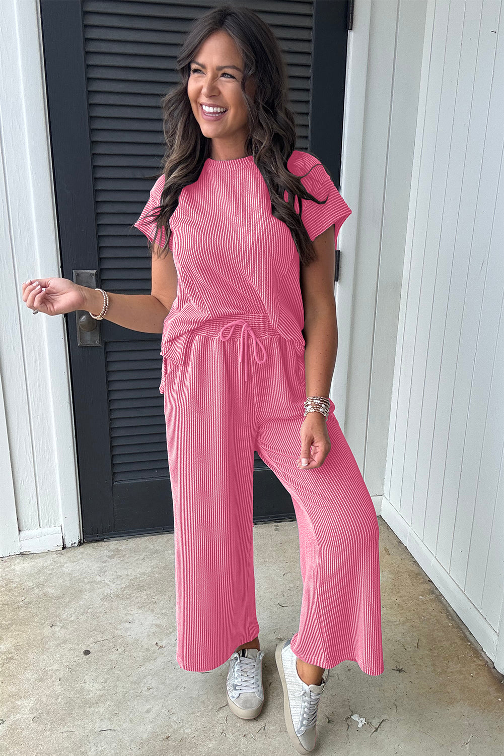 Corded Knit Short-Sleeve Tee & Wide-Leg Pants Set | Bright Pink