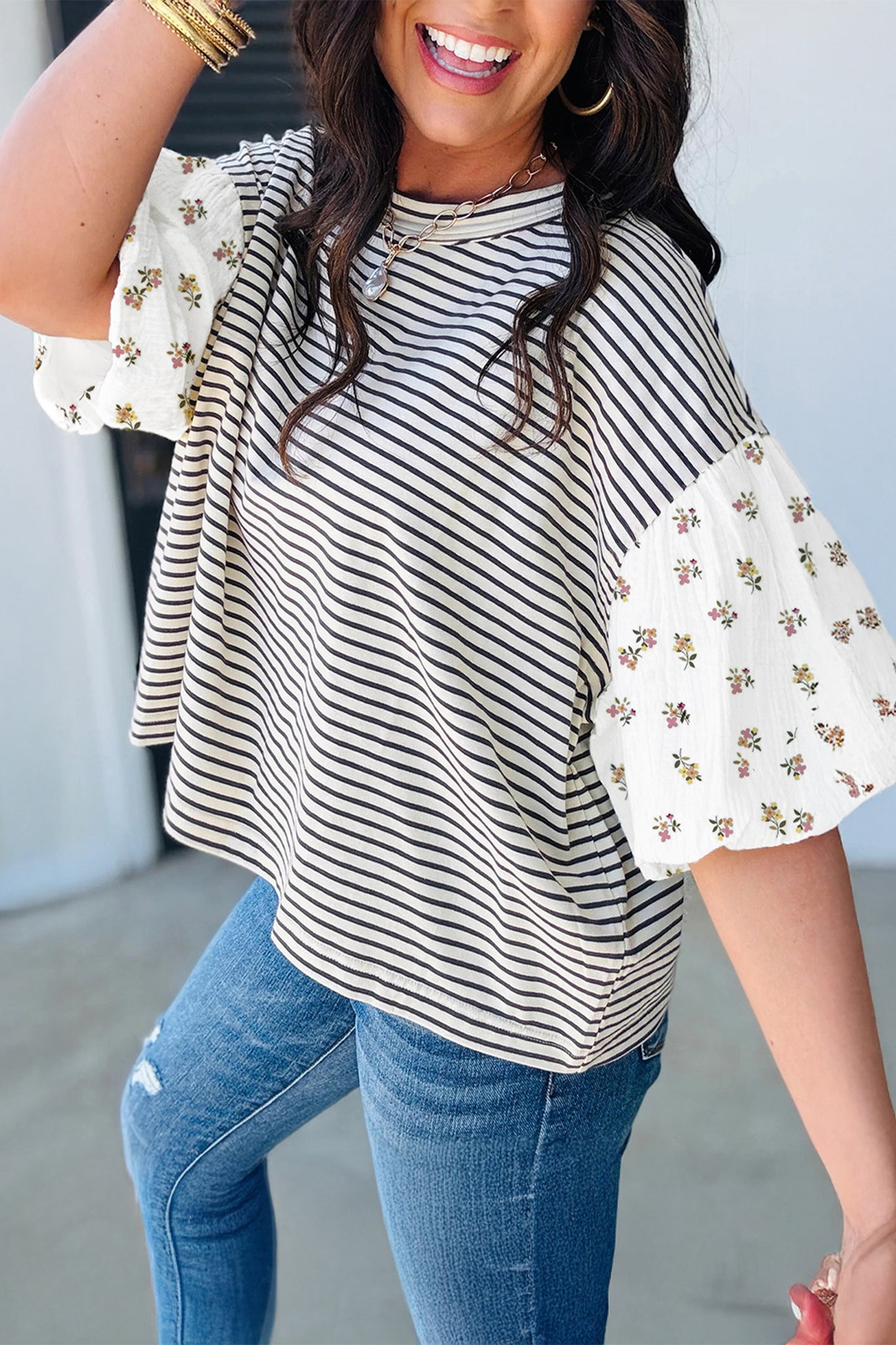Striped Floral Puff Sleeve Top Women S–XL