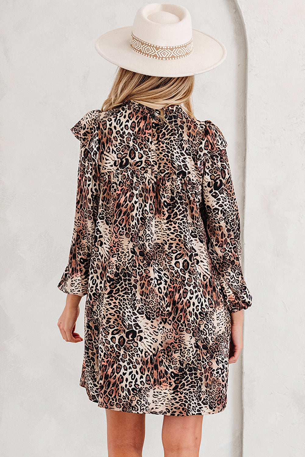 Leopard Print Ruffled Long Sleeve Loose Mini Dress – Brown Women S–XL