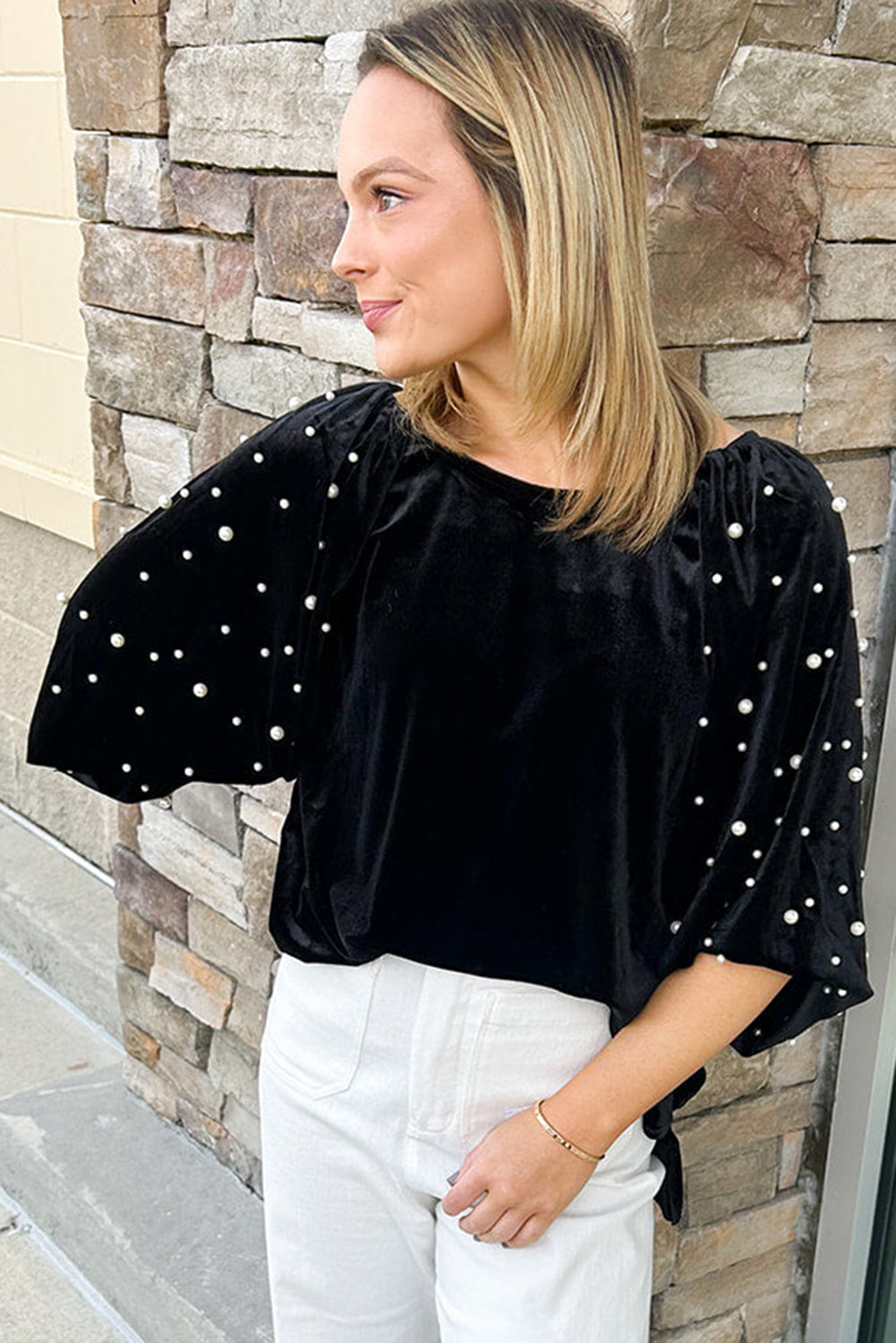 Pearl Beaded Half Sleeve Velvet Top