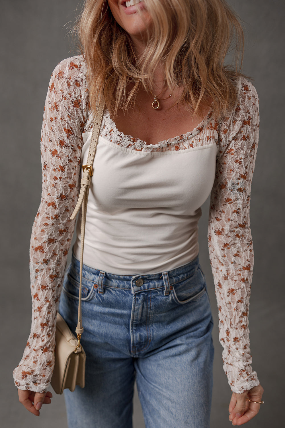 White Floral Lace Patchwork Square Neck Long Sleeve Top – Women's Romantic Top