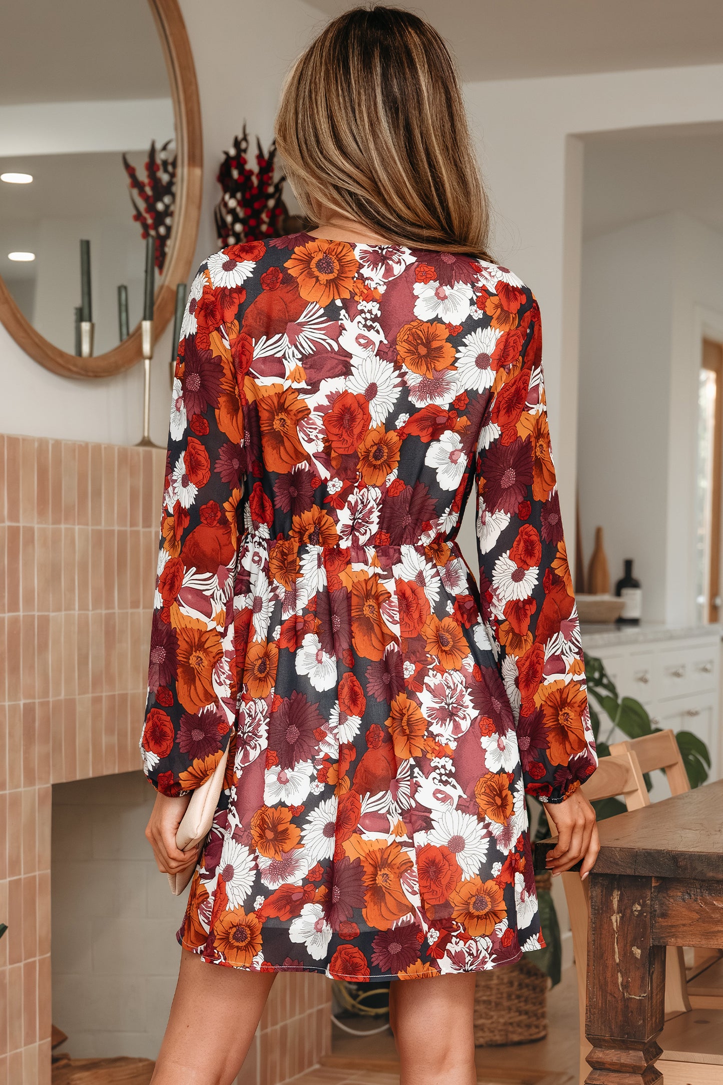 Floral Print Wrap V-Neck Puff Sleeve Mini Dress – Terracotta Women S–XL