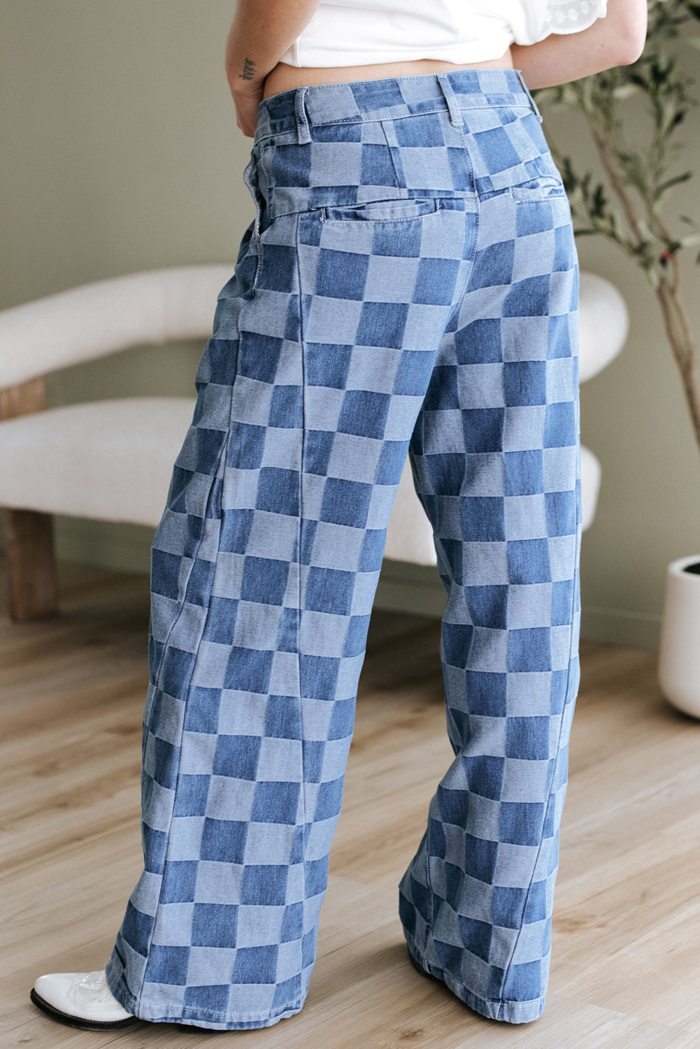 Denim Wide Leg Jeans Checkered Light Blue Women Size 4–16