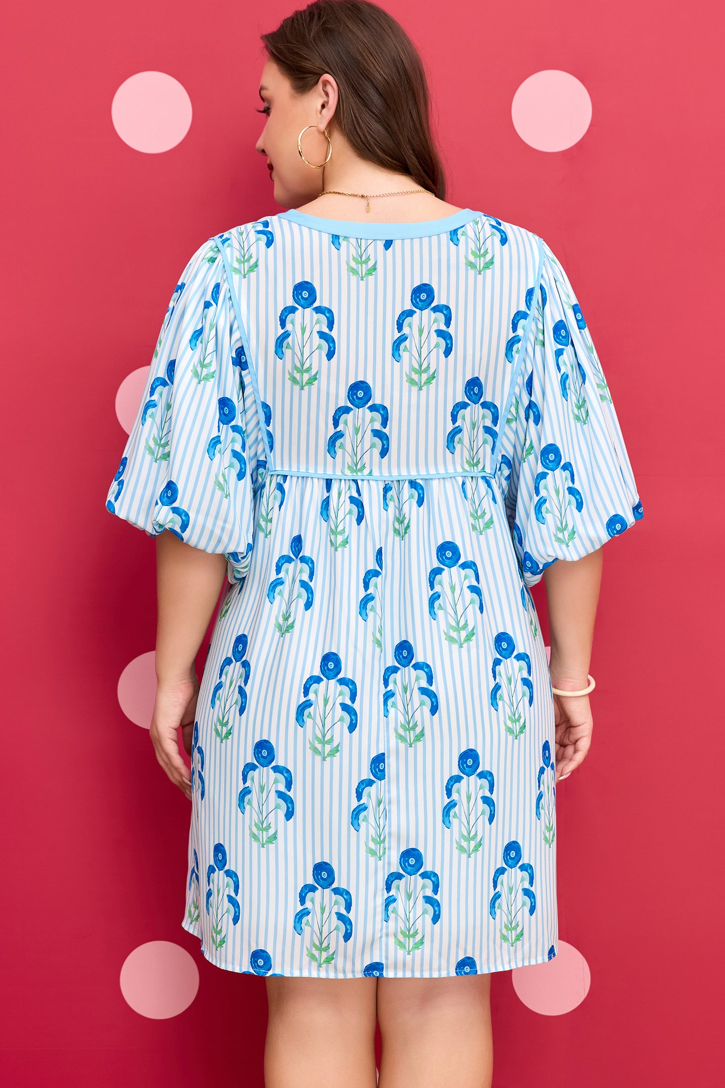 Plus Size Light Blue Floral Bubble Sleeve Dress 1X–4X