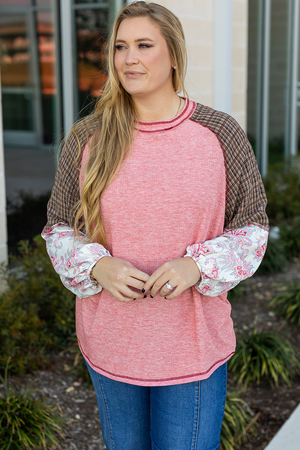 Paisley Patchwork Raglan Sleeve Ribbed Knit Top – Pink Plus Size 1X–4X
