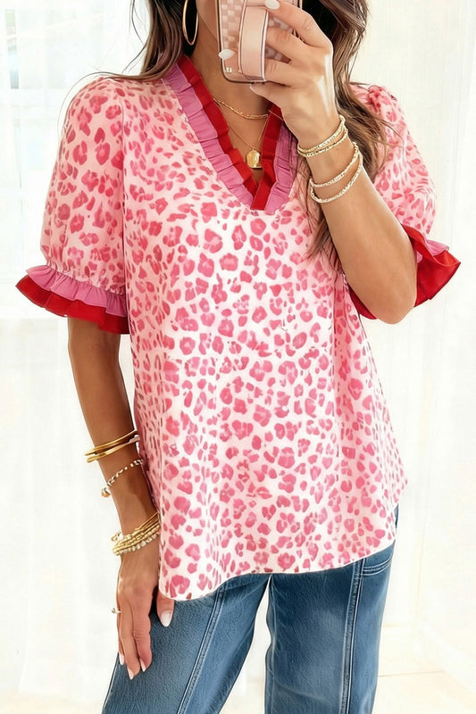 Leopard Print Ruffle Trim V-Neck Blouse