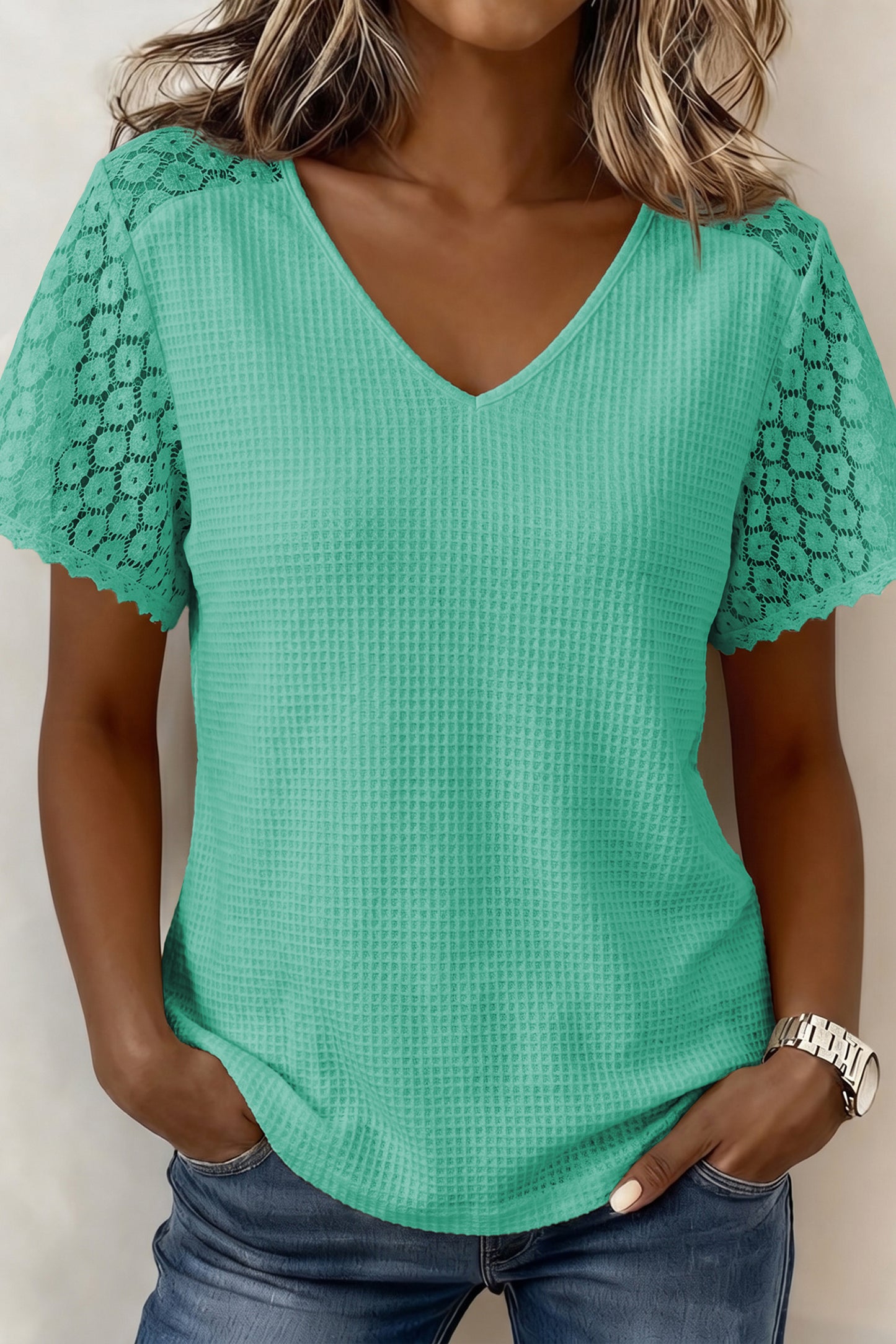 Womens Lace Trim Waffle Knit V Neck Top S–XL