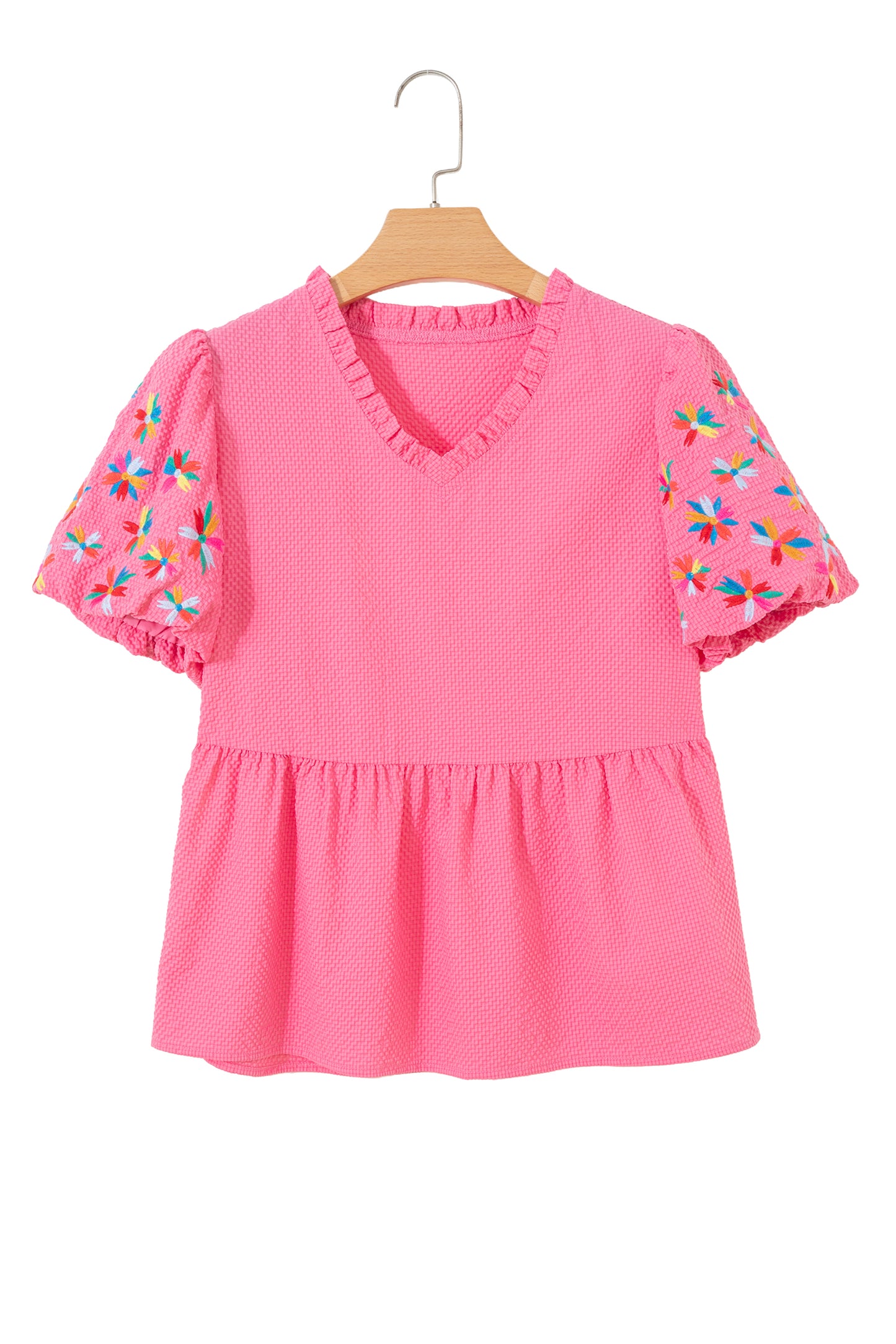 Pink Flower Embroidered Puff Sleeve Frilled V-Neck Babydoll Blouse | S–XL