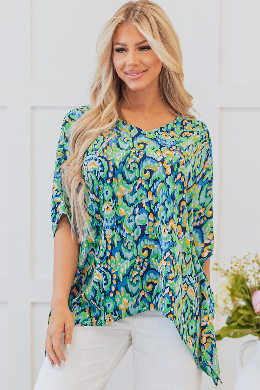 Green Abstract Print V-Neck Half Sleeve Loose Fit Tunic Blouse – Women's Relaxed Top (S–XL)