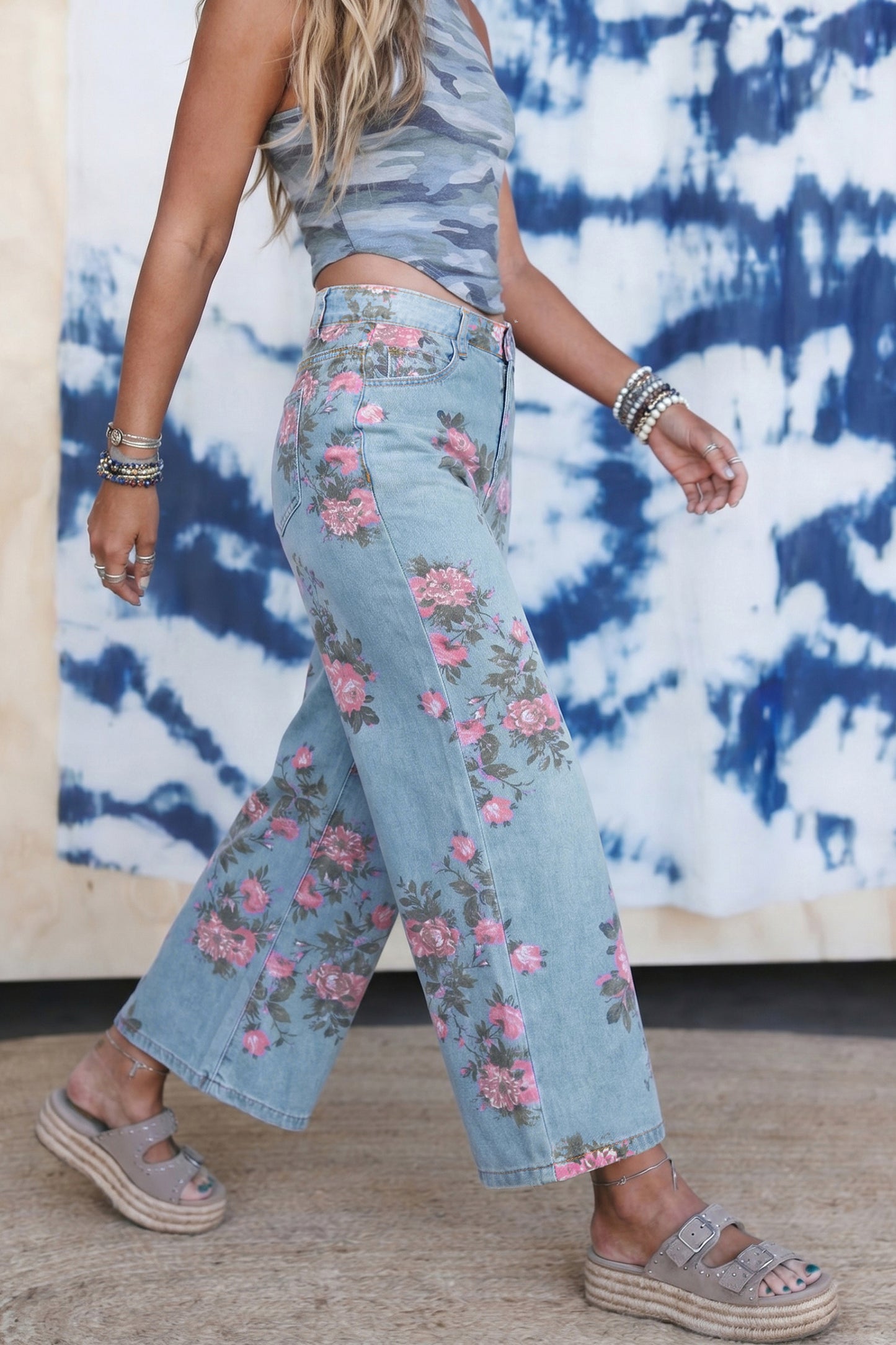 Light Blue Floral Print Cropped Wide Leg Jeans Women Size 4–16