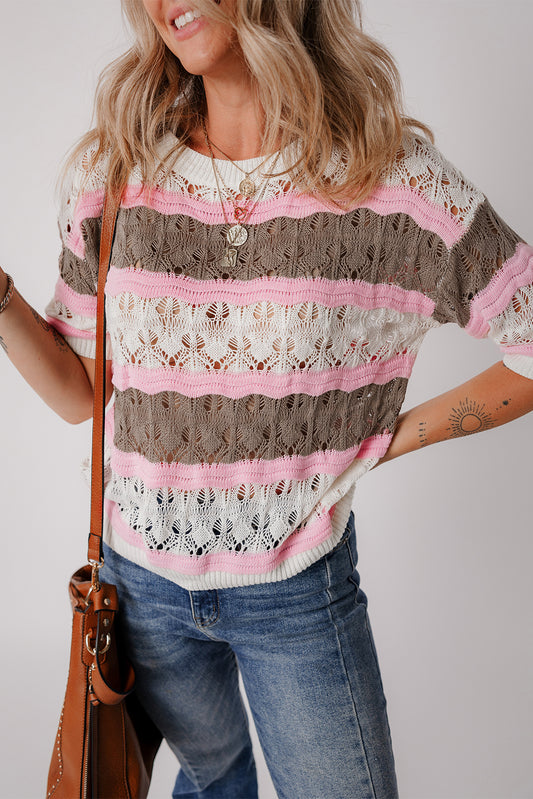Striped Color Block Crochet Hollow-Out Half-Sleeve Sweater | Brown Stripe