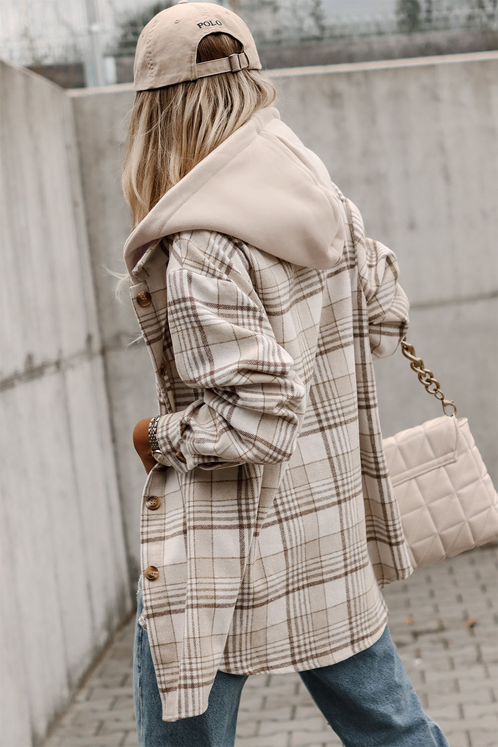 Khaki Plaid Removable Hood Chest Pocket Buttoned Shacket