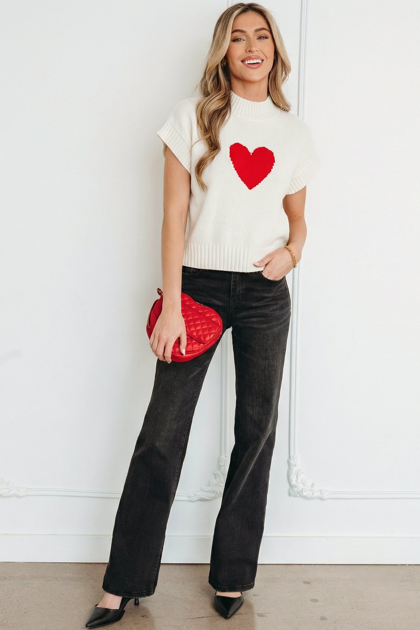 Heart Graphic Cropped Short Sleeve Sweater