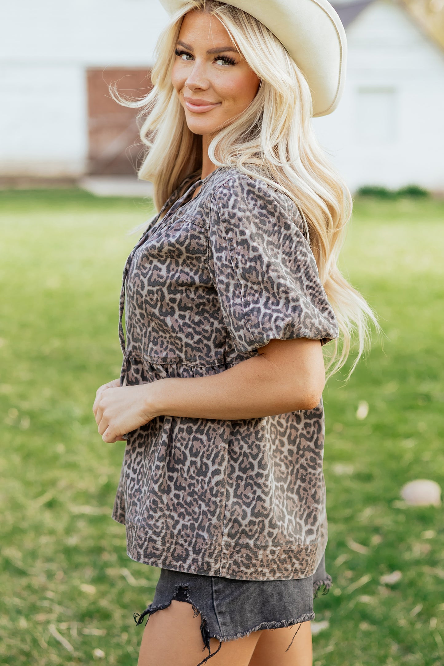 Babydoll Top Leopard Print Puff Sleeve Tie-Neck Denim Women S–XL