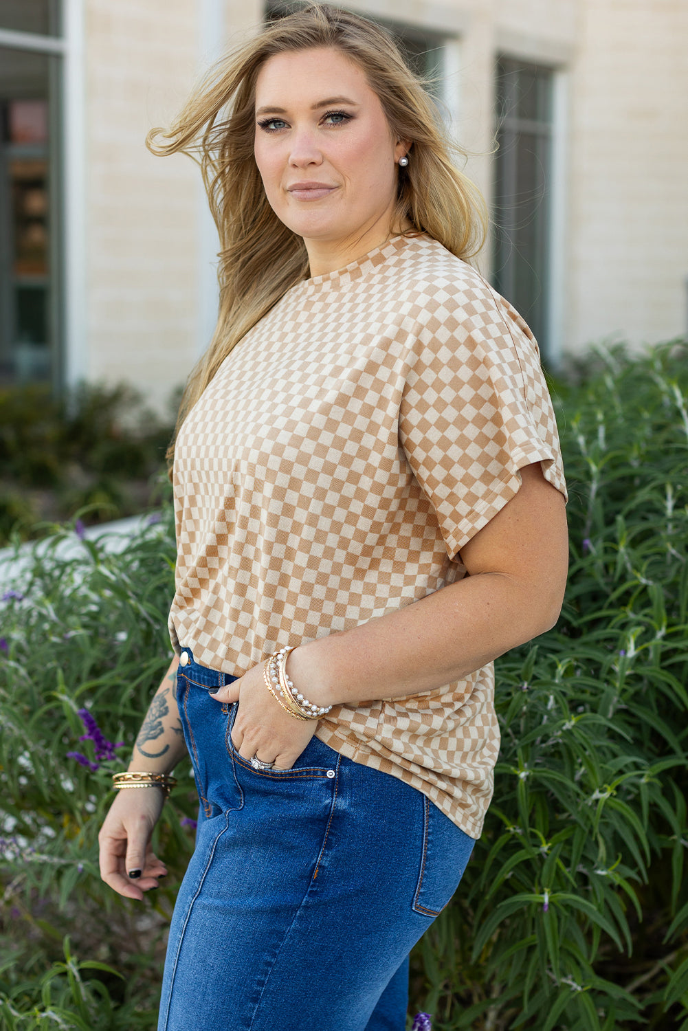 Plus Size Checkerboard Batwing Sleeve Round Neck Tee