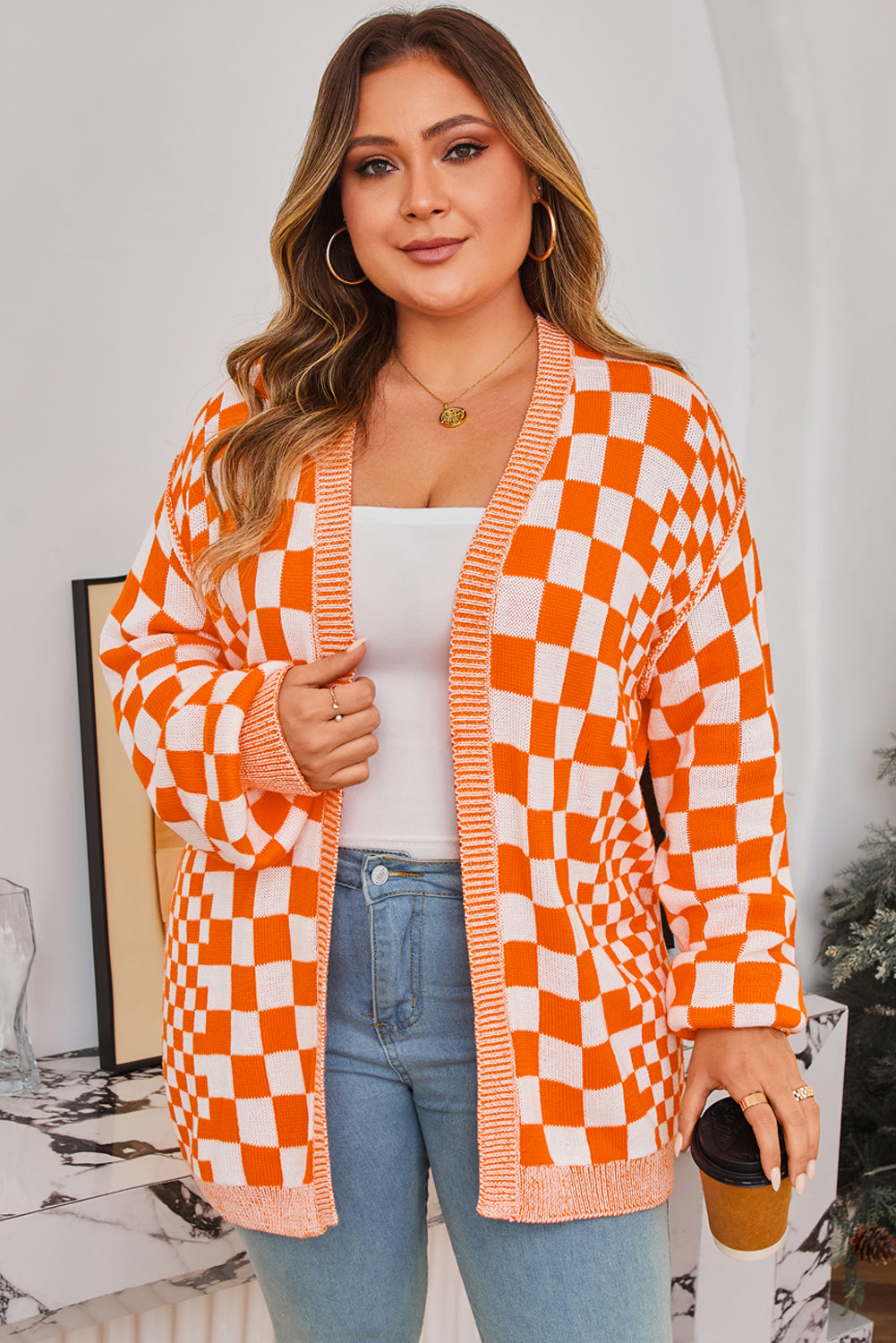 Plus Size Checkered Bubble Sleeve Open Cardigan Women 1X–4X