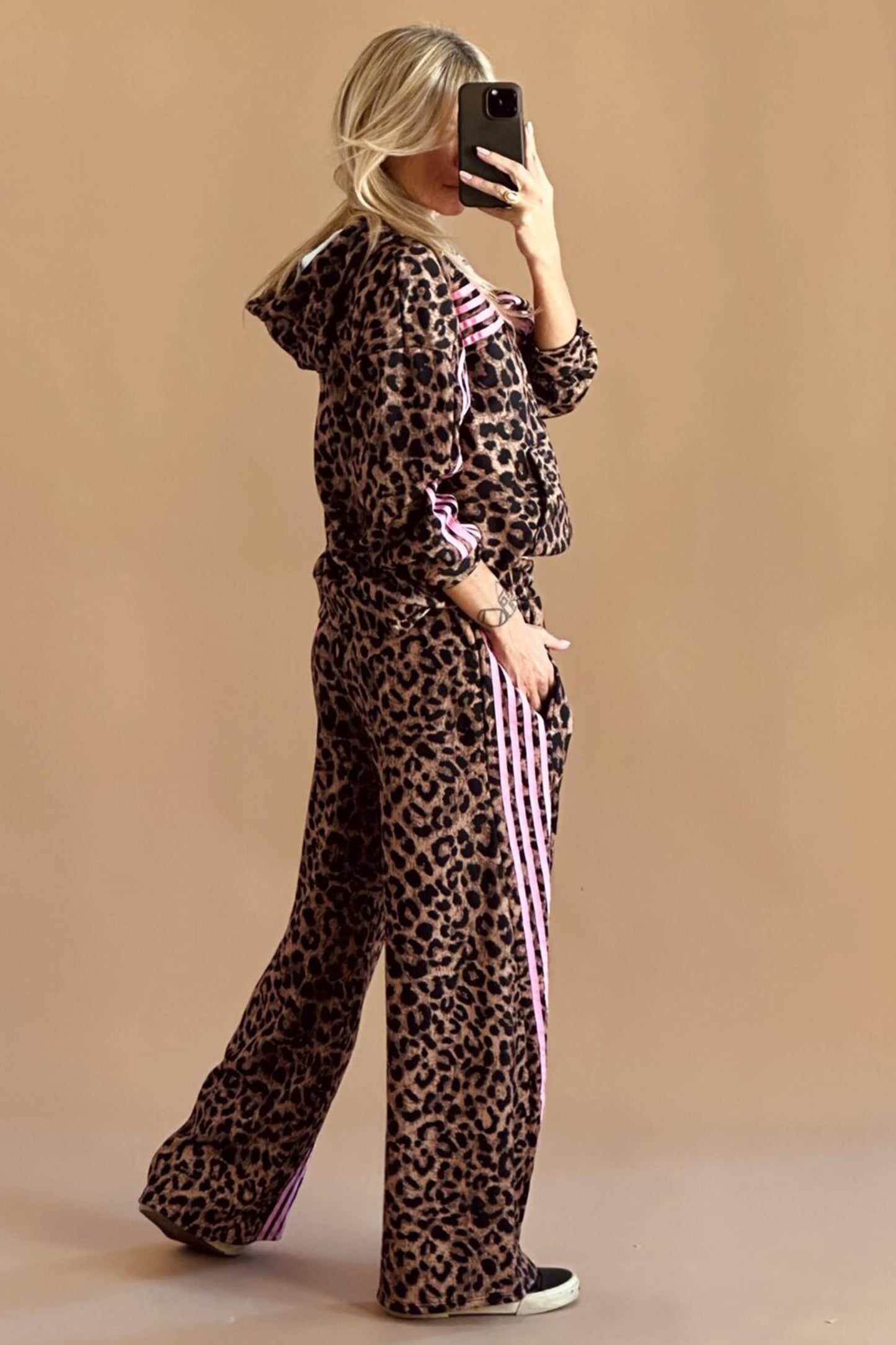 Women's Brown Leopard Print Striped Long Sleeve Top and Pant Set S to XL