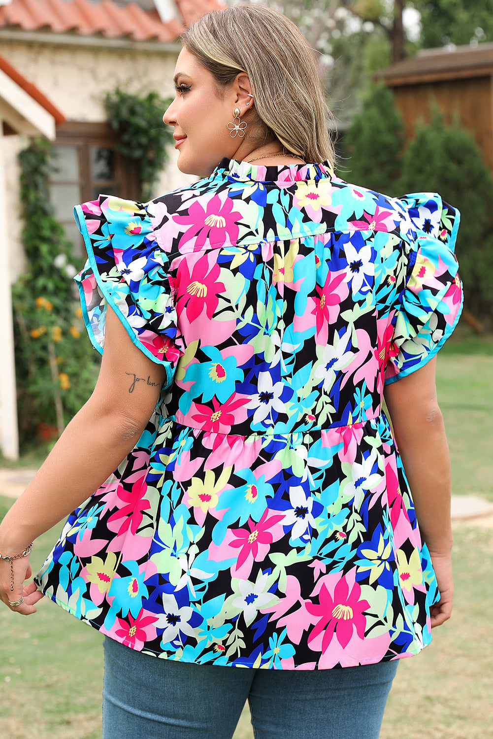 Floral Flutter Sleeve Tie Neck Blouse – Blue Plus Size 1X–4X