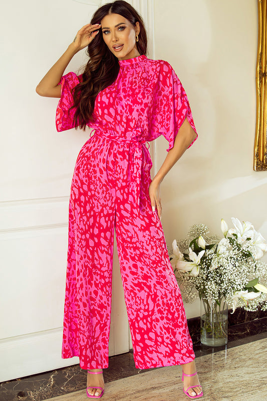 Rose Leopard Print Loose Sleeve Sash Belted Wide Leg Jumpsuit