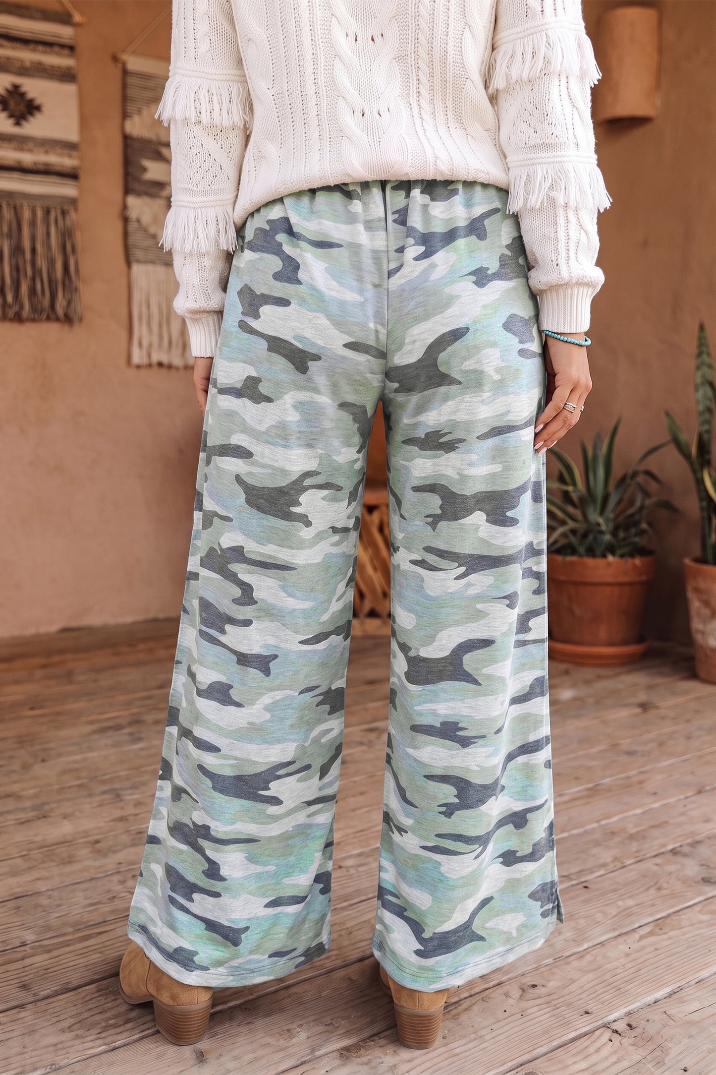 Women's Green Camo Wide Leg Drawstring Elastic Waist Pants S to XL