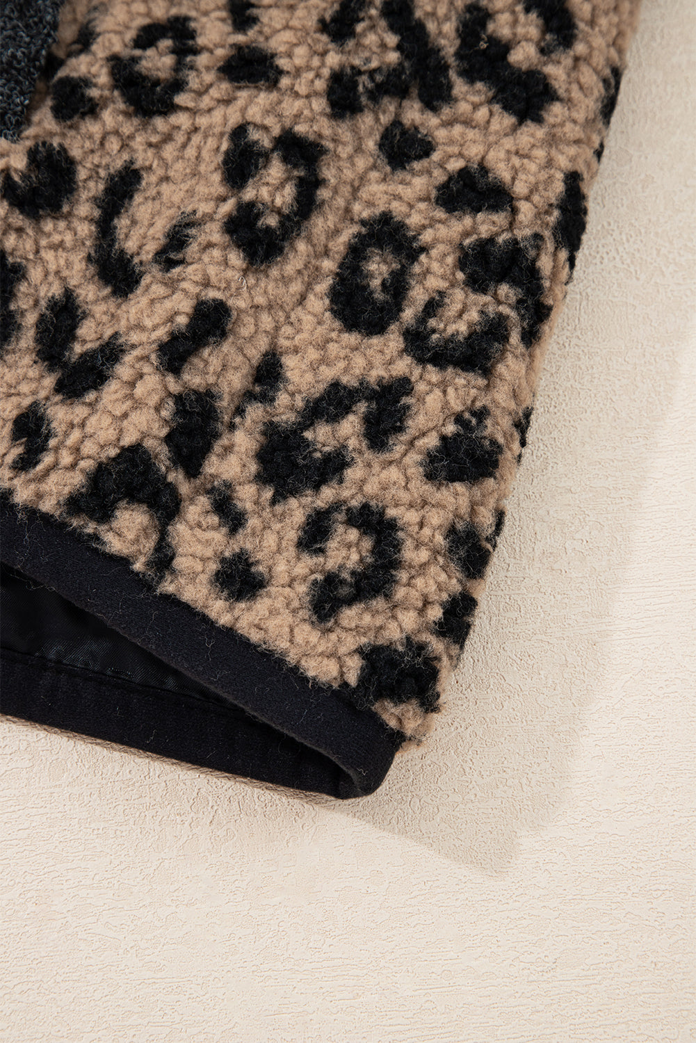 Khaki Leopard Print Zip-Up Stand Neck Side Pocket Jacket