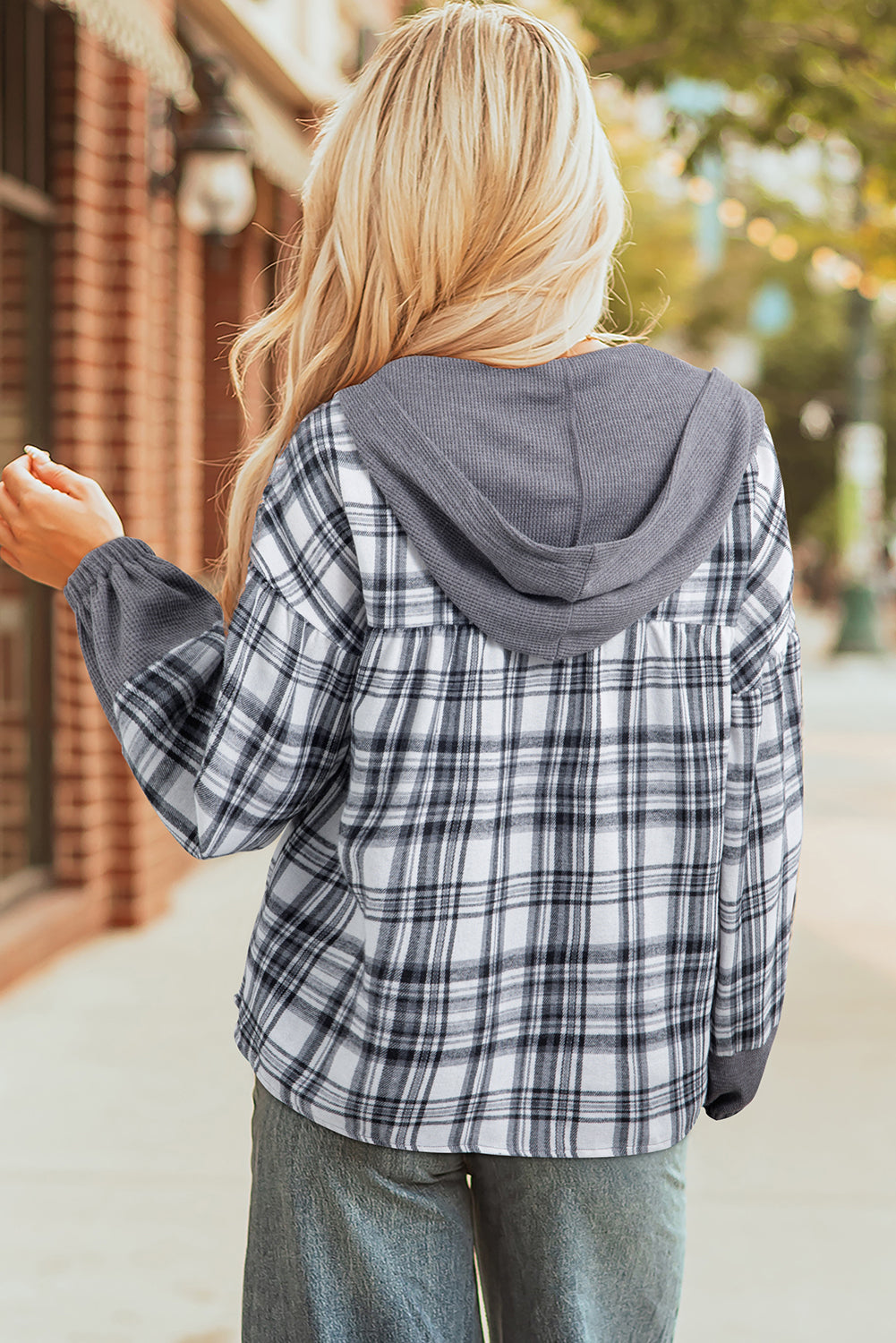 Plaid Patchwork Quarter-Button V-Neck Hooded Long Sleeve Blouse