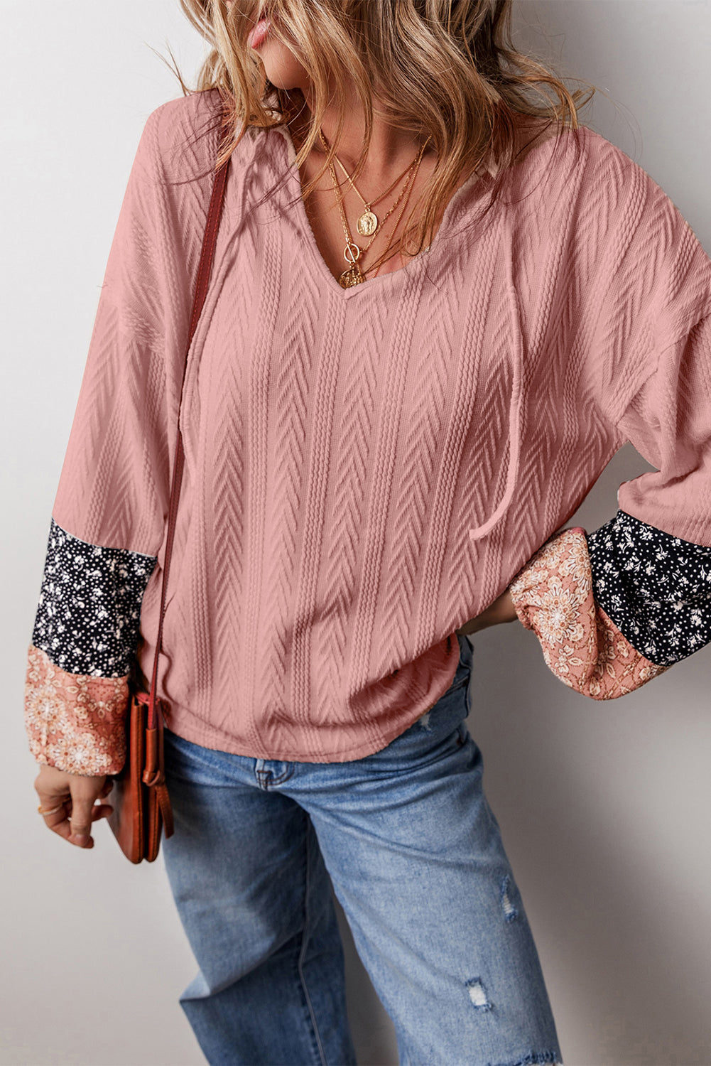 Floral Patchwork Textured Knit Drawstring V-Neck Blouse
