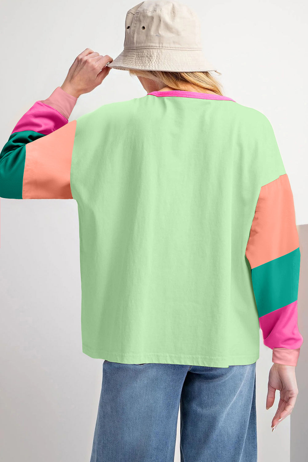 Colorblock Patchwork Long Sleeve Loose Top | Green