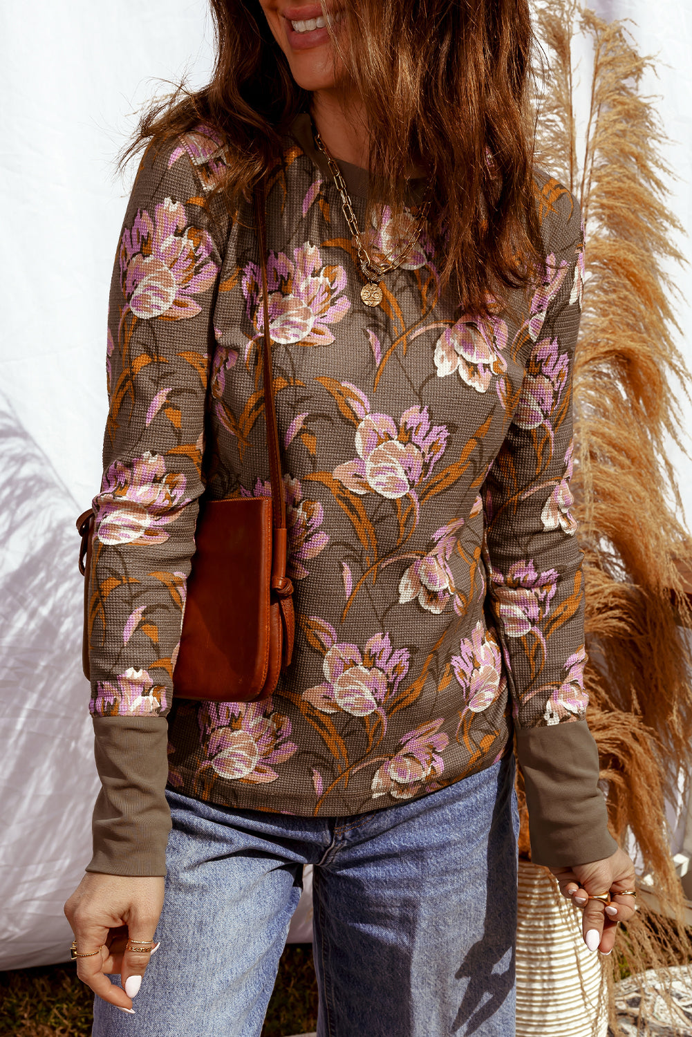 Floral Waffle Knit Long Sleeve Top Women S–XL