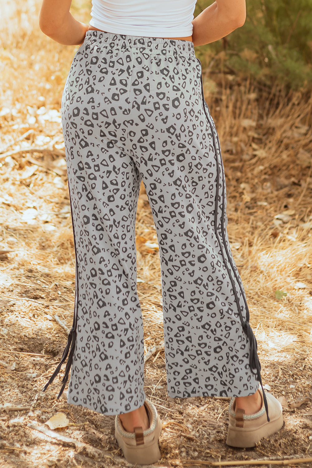 Gray Leopard Print High Waist Side Bow Straight Leg Pants