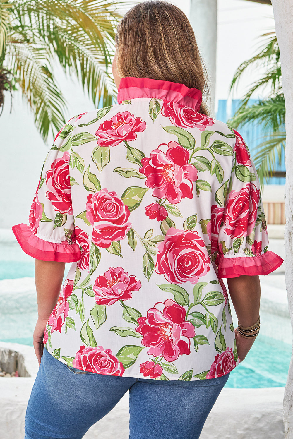 Plus Size Pink Floral Ruffle Blouse Women 1X–4X
