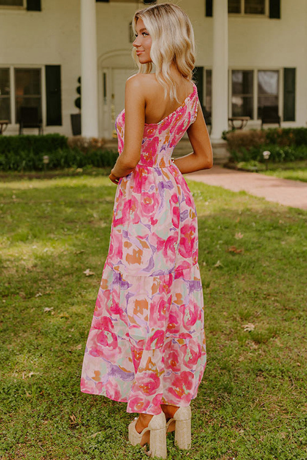 Abstract Floral Shirred One Shoulder Maxi Dress | Pink | S–XL