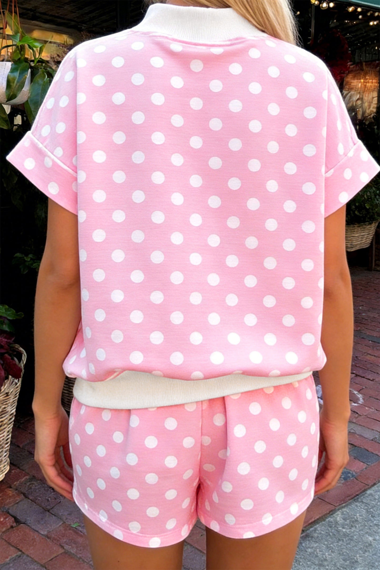 Polka Dot Mock Neck Two-Piece Short Set Women S–XL