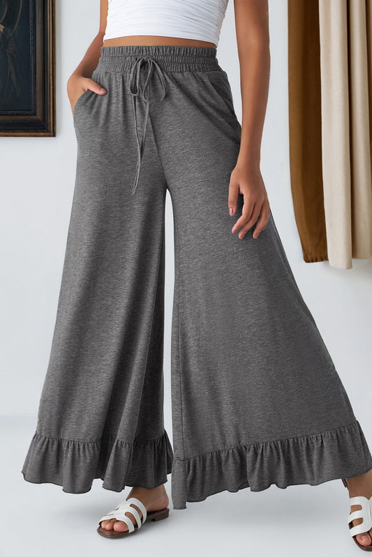 Medium Grey Ruffled Wide Leg Pull-On High Waist Pants with Pockets