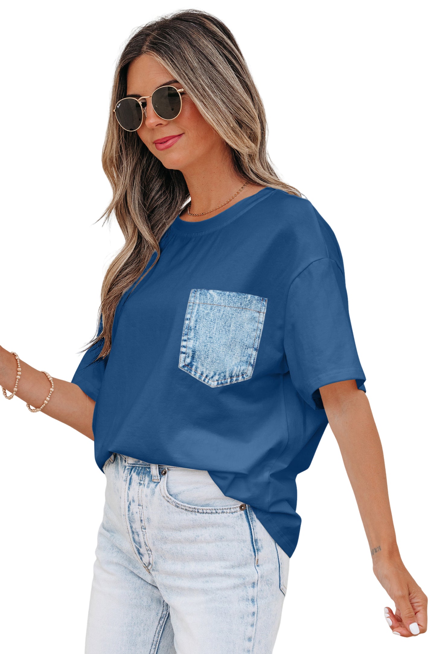 Color Block Short-Sleeve Top with Printed Patch Pocket | Sail Blue & White