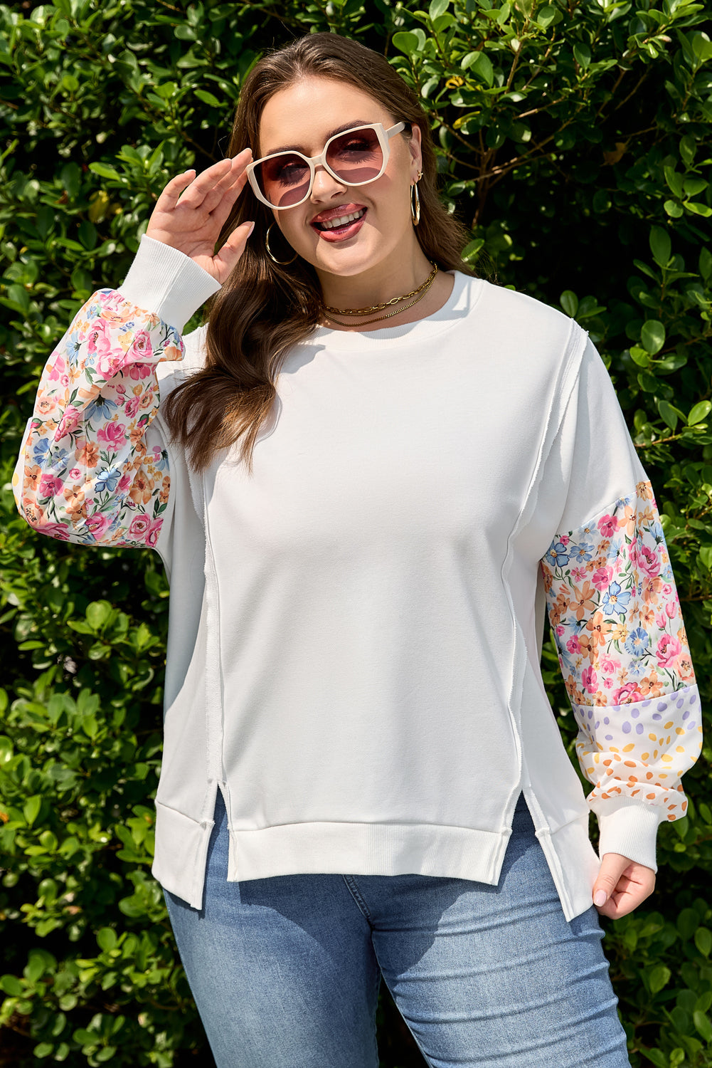 Floral Patchwork Sleeve Sweatshirt | Plus Size | White | 1X–4X