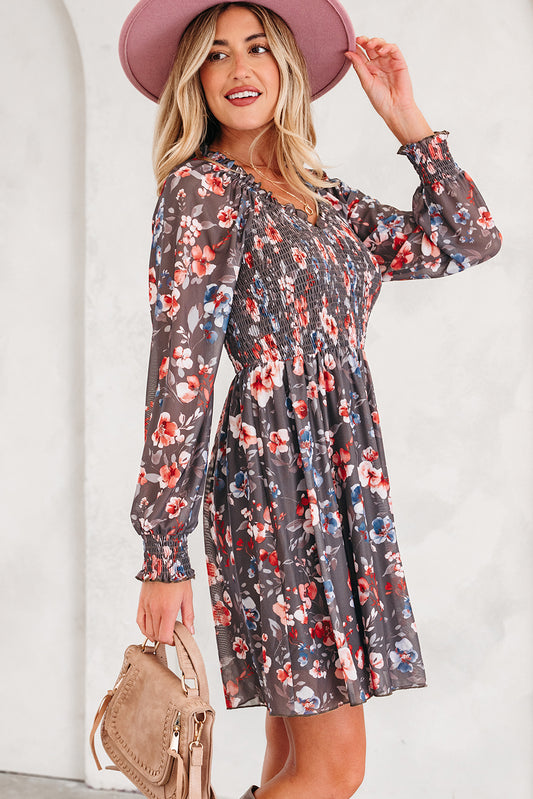 Floral Mesh Smocked Bodice Frill Neck Long Sleeve Mini Dress – Brown Women S–XL
