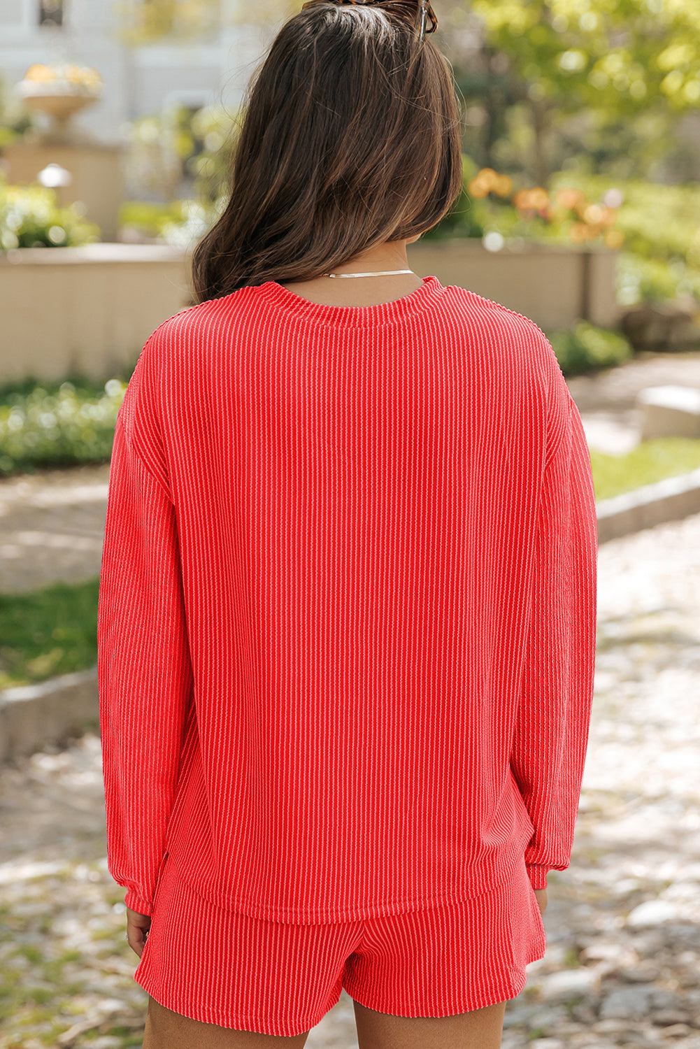 Corded Knit Long Sleeve Top High Waist Shorts Set